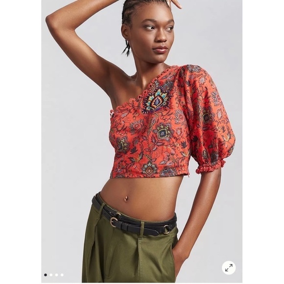 FARM Rio Tops - NWT Farm Rio One Shoulder Crop Top Floral Bohemian Puff Sleeves